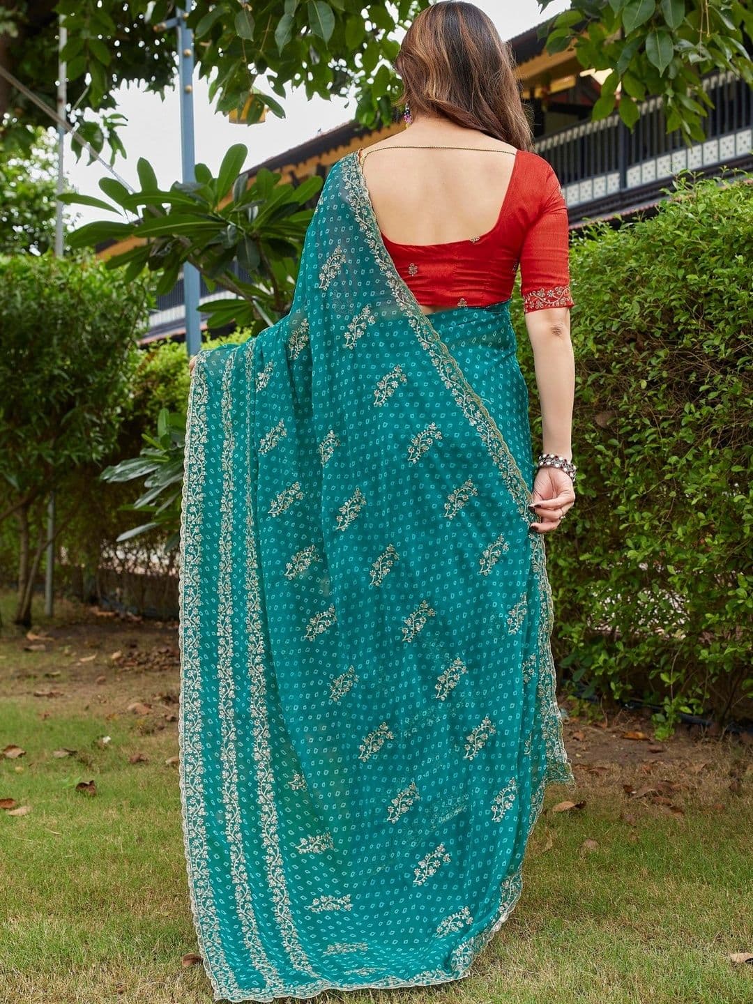 Mitera Bandhani Embroidered Pure Georgette Designer Saree thumbnail 5