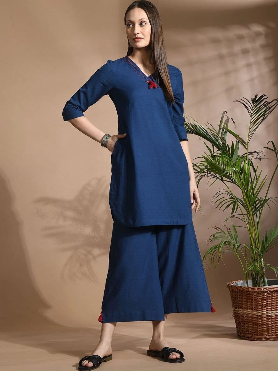 NAVYAAZRI Women Regular Thread Work Pure Cotton Kurta with Palazzos thumbnail 3