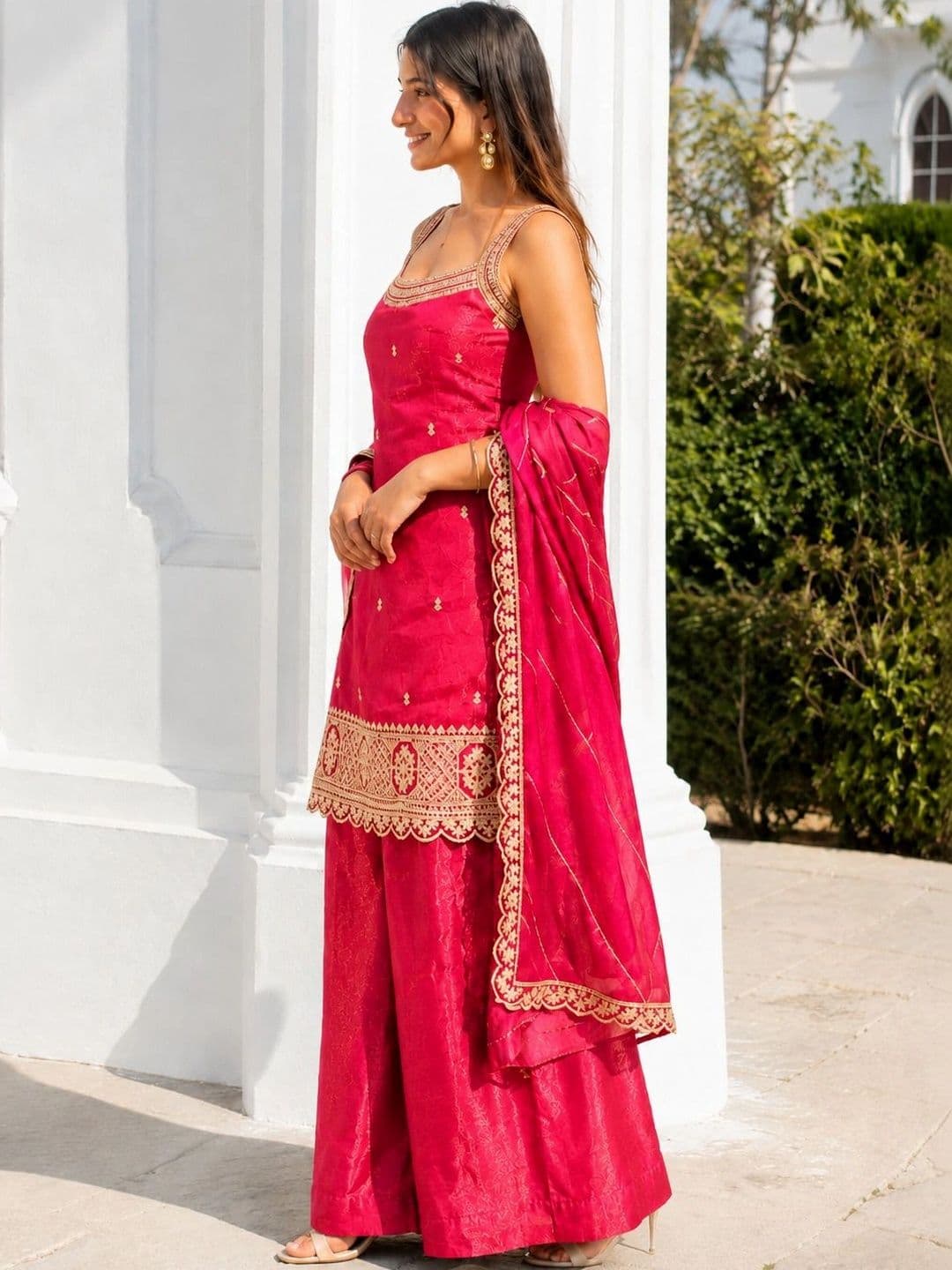 LooksLink Women Ethnic Motifs Embroidered Regular Kurta with Sharara & With Dupatta thumbnail 4