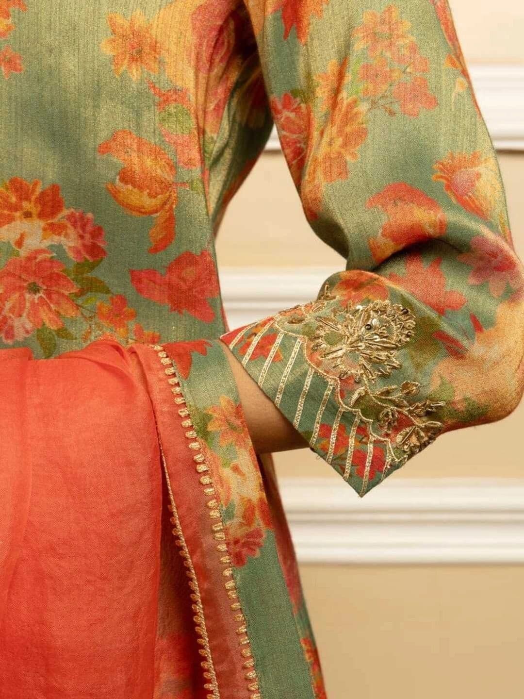 Sangria Women Floral Printed Regular Thread Work Kurta with Trousers & With Dupatta thumbnail 4