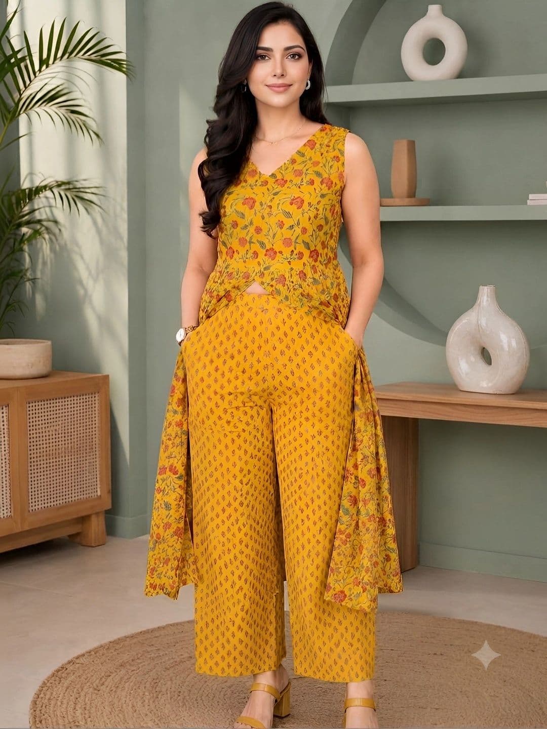 HERE&NOW Women Floral Printed Regular Pure Cotton Kurta with Palazzos thumbnail 2