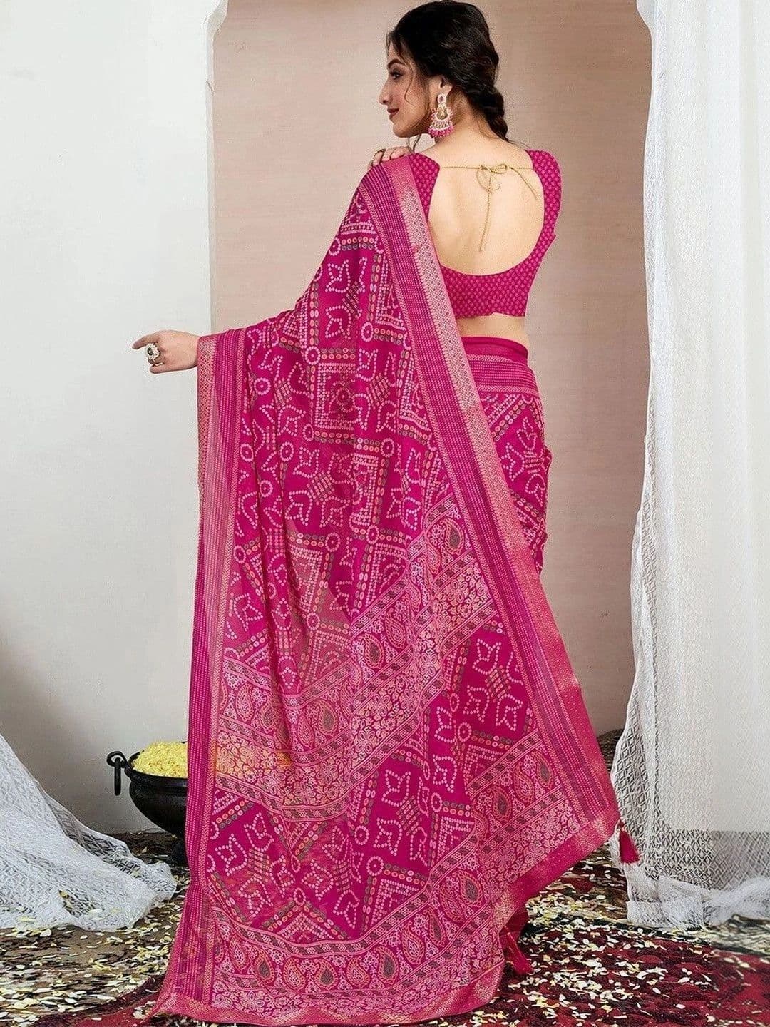 SANISA Bandhani Zari Pure Chiffon Saree thumbnail 6