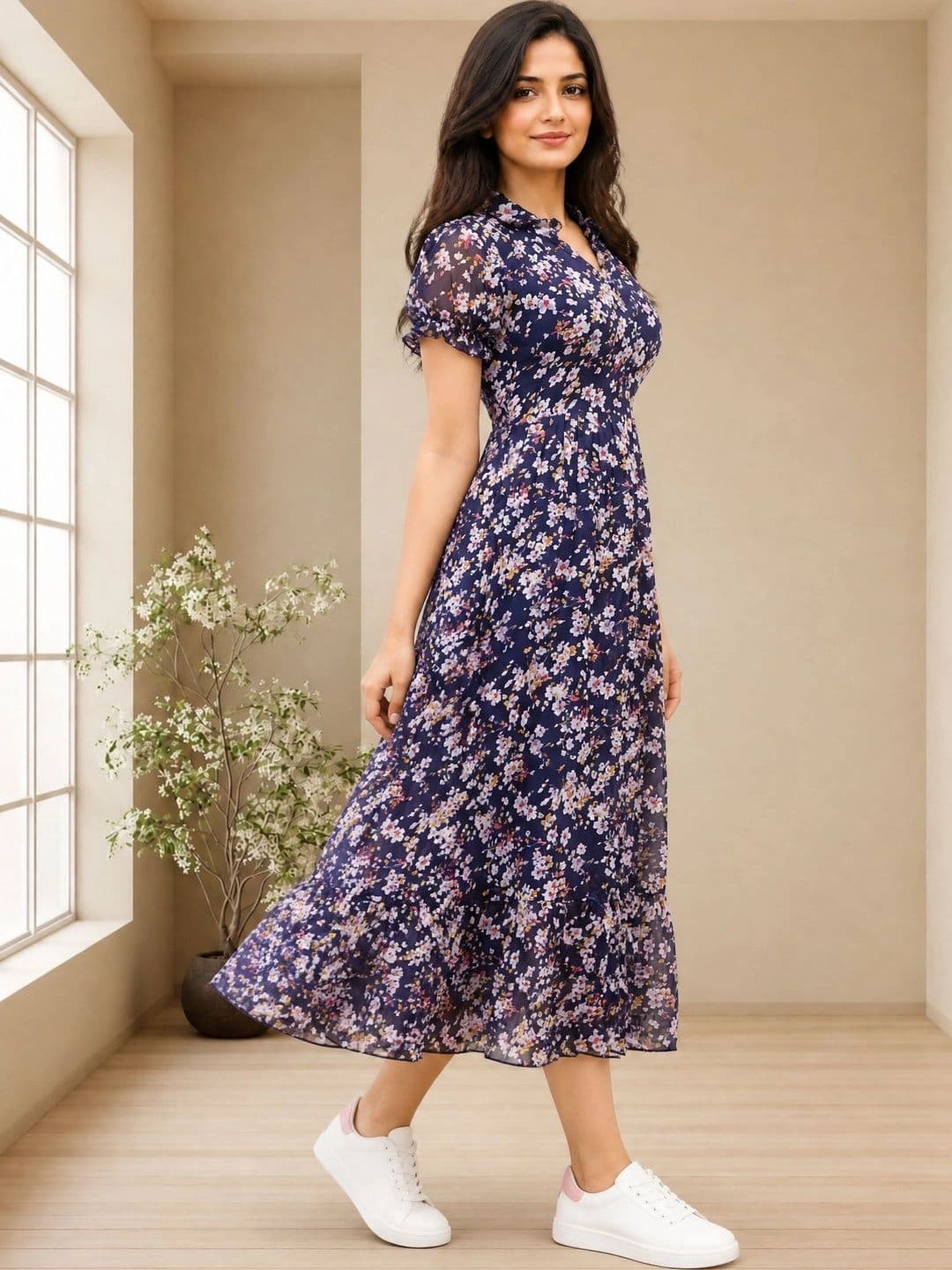 QENA Floral Print Georgette A-Line Midi Dress thumbnail 5