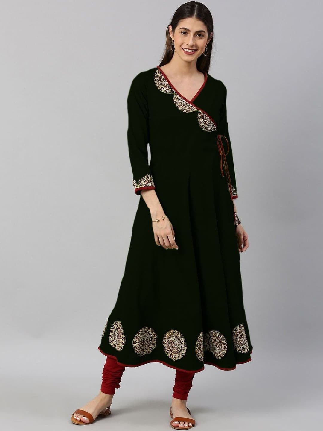 KALINI Women Solid Cotton Patchwork V-Neck Angrakha Anarkali Kurtas thumbnail 2