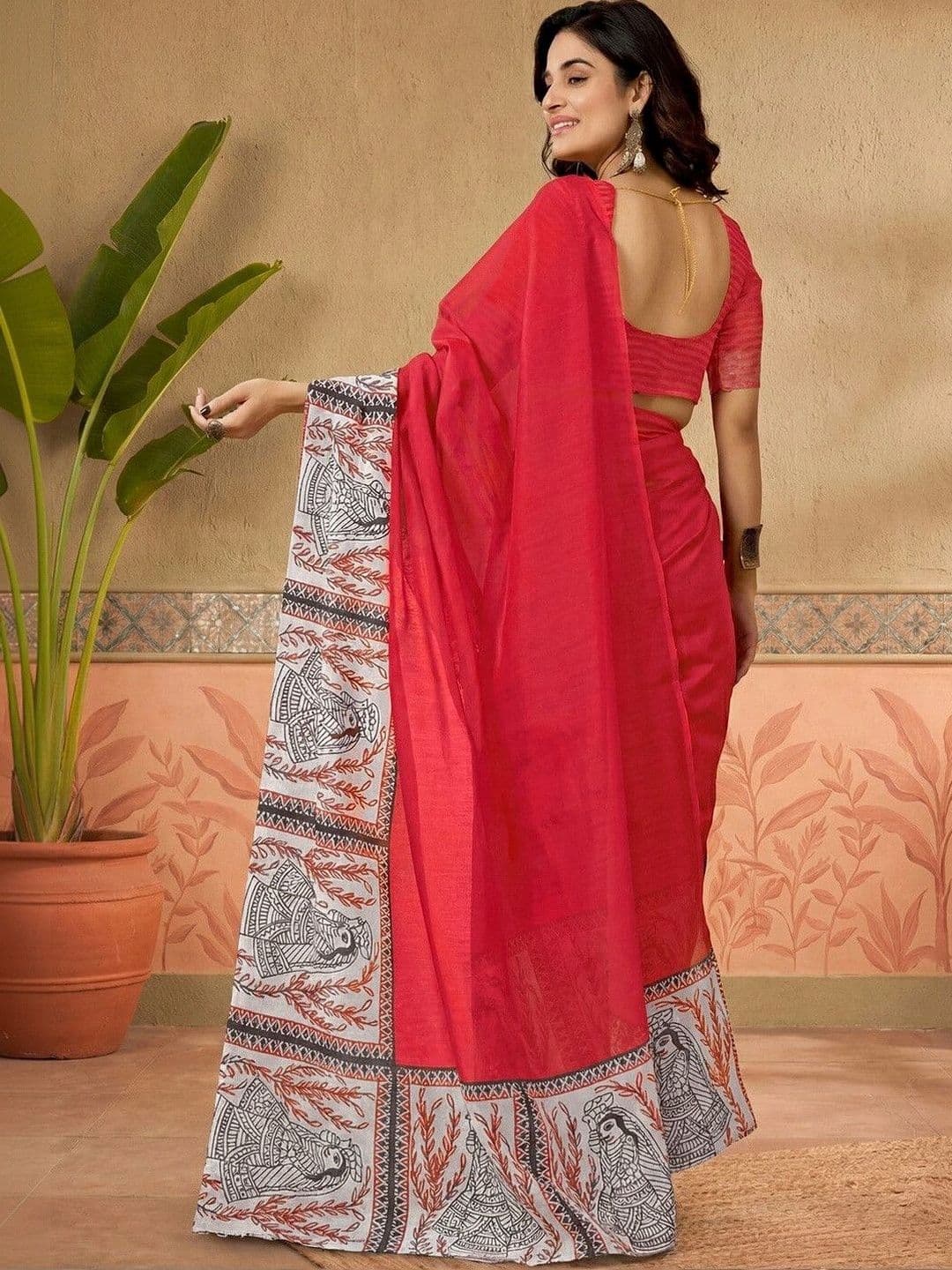 Sanisa Printed Red Chanderi Cotton Ready to wear saree for Women With Unstiched Blouse thumbnail 2