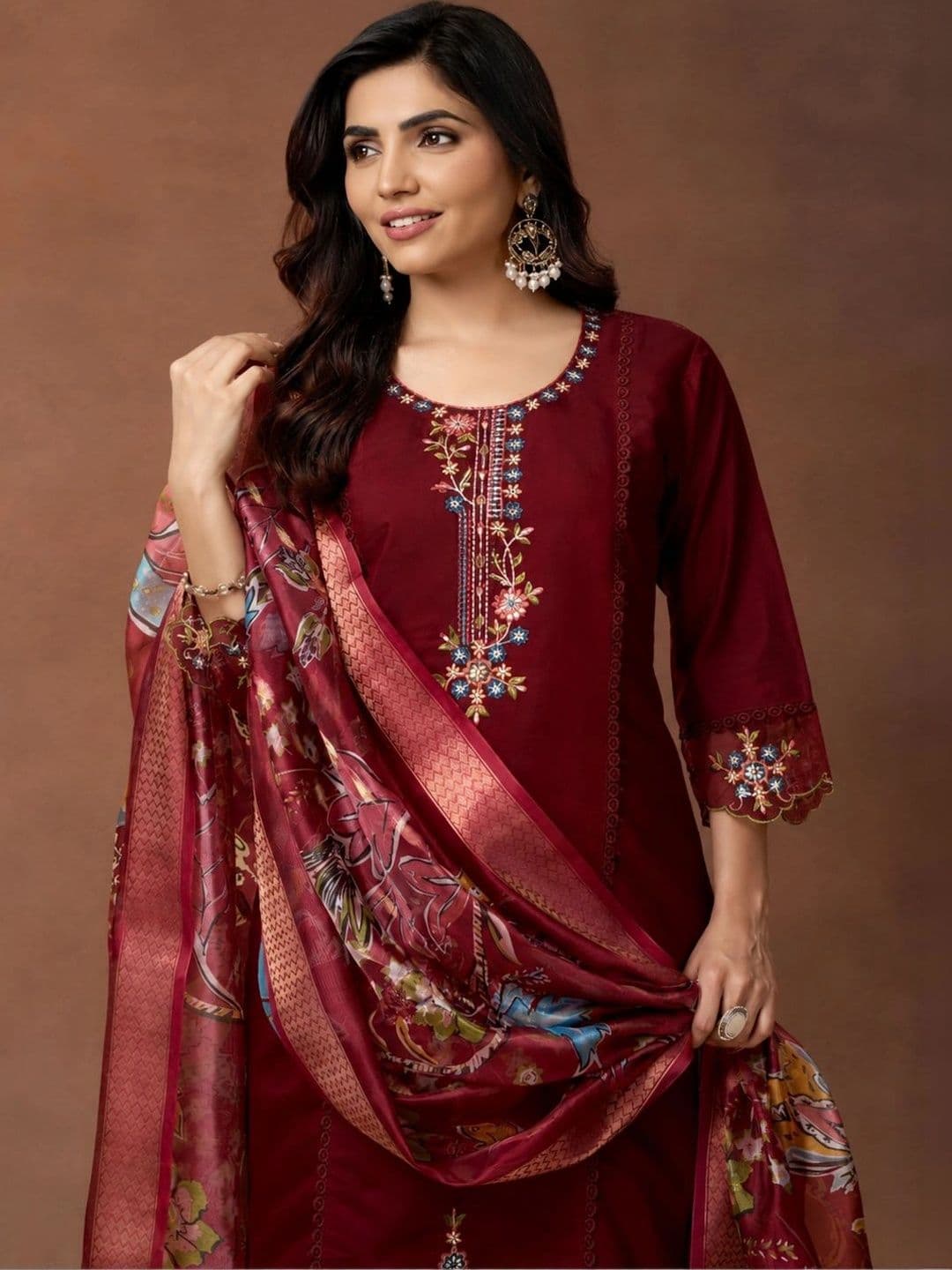 PAUSE Women Ethnic Motifs Embroidered Pure Silk Straight Kurta with Trousers & Dupatta thumbnail 3