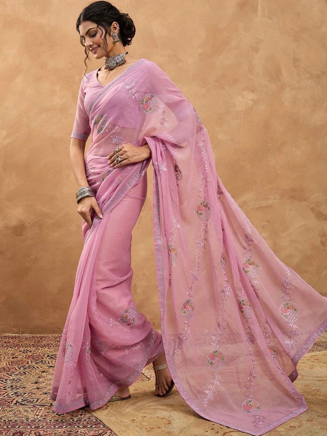 Sangria Floral Embroidered Poly Georgette Designer Saree thumbnail 5