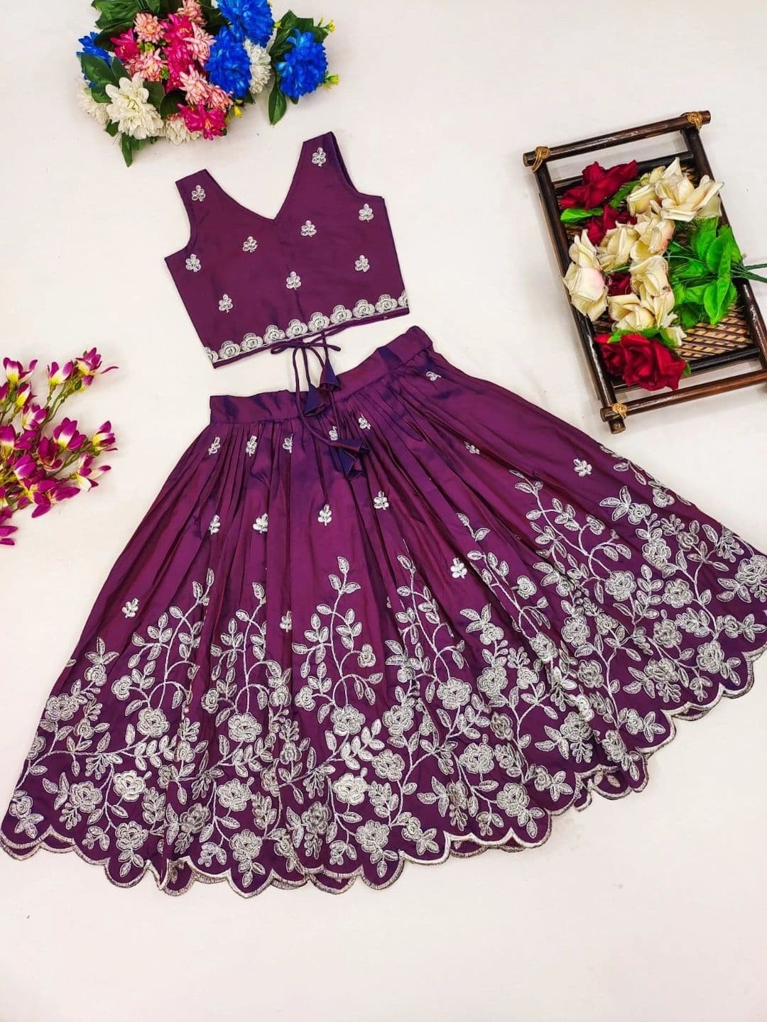 Sangria Girls Embroidered Thread Work Ready to Wear Lehenga & thumbnail 2