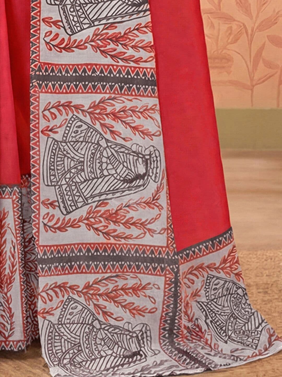Sanisa Printed Red Chanderi Cotton Ready to wear saree for Women With Unstiched Blouse thumbnail 4