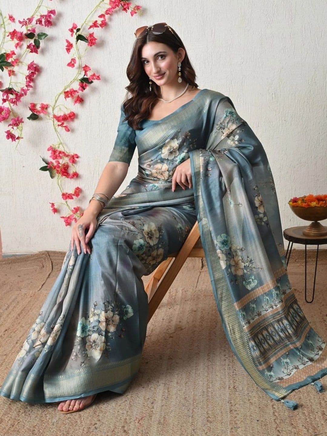 KALINI  Women Floral Silk Cotton Saree thumbnail 5