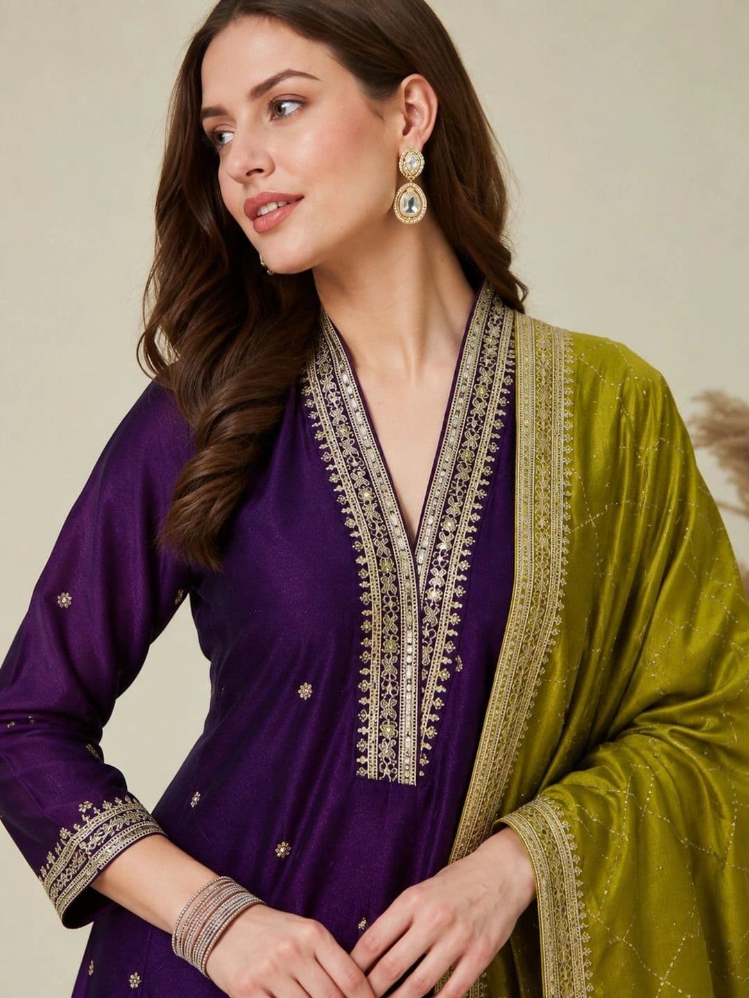 Sangria Women Ethnic Motifs Embroidered Regular Kurta with Trousers & With Dupatta thumbnail 6