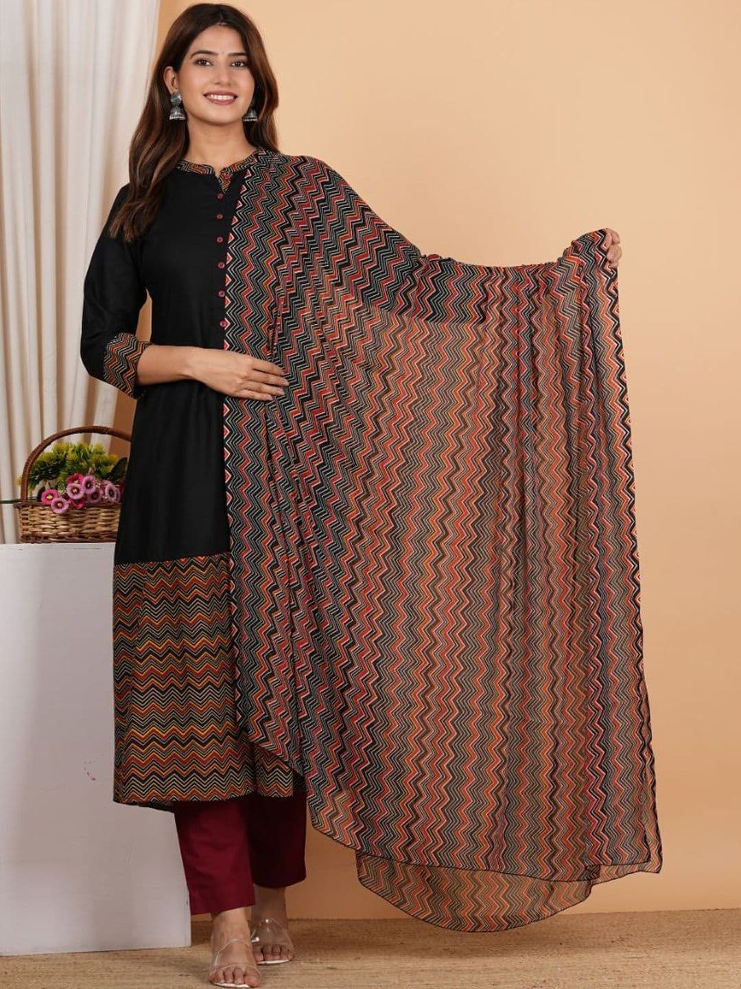 KALINI Chevron Printed Anarkali Kurta With Dupatta - view 1