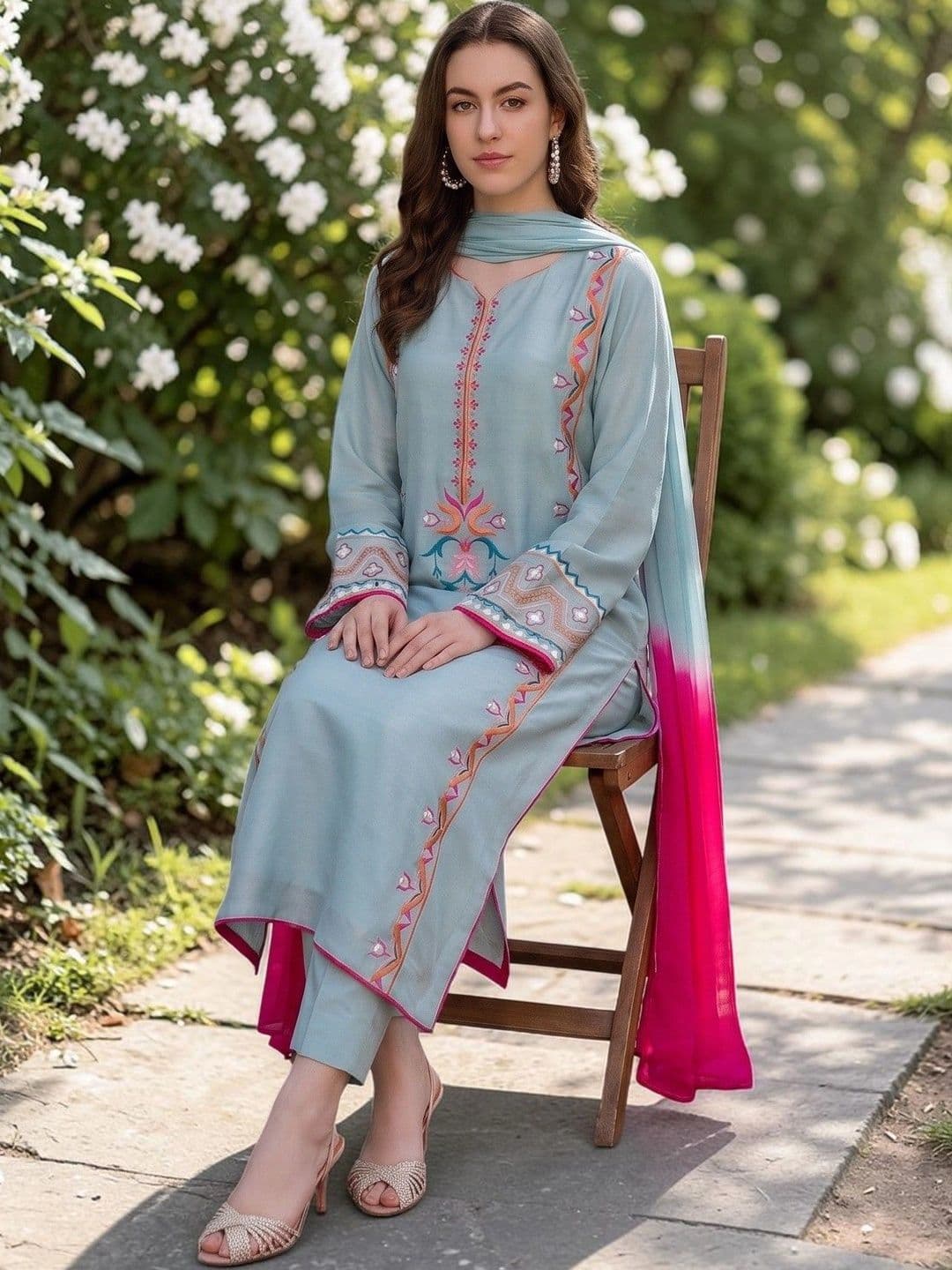 ASPORA Women Embroidered Thread Work Silk Crepe Kurta with Trousers & Dupatta thumbnail 2