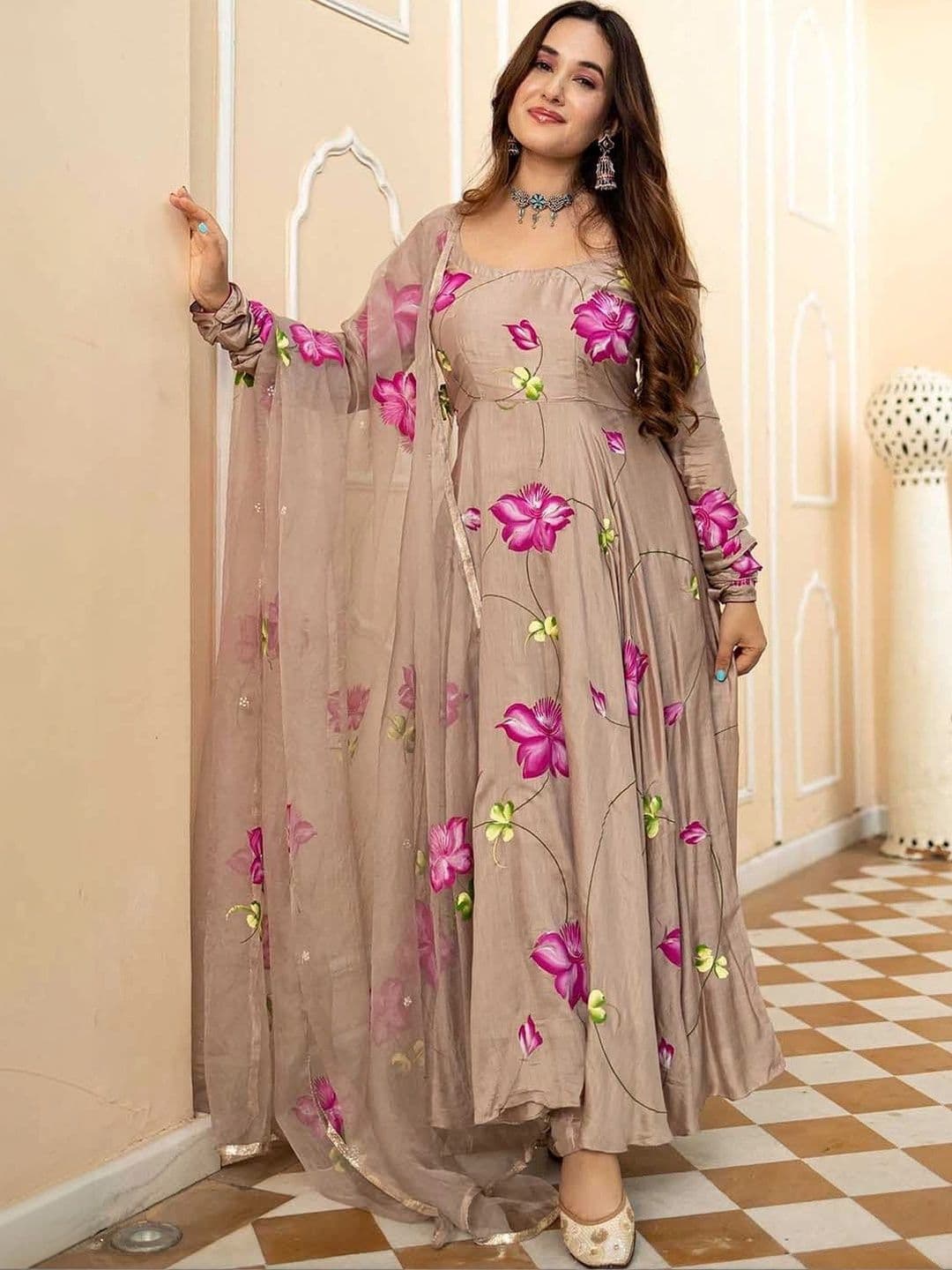 Femvy Women Floral Printed Empire Kurta with Trousers & With Dupatta - view 1