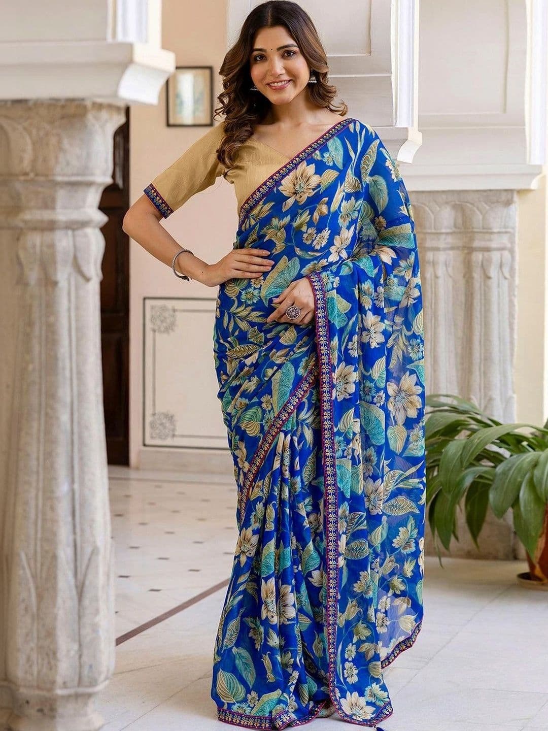 SANISA Floral Pure Chiffon Saree thumbnail 2