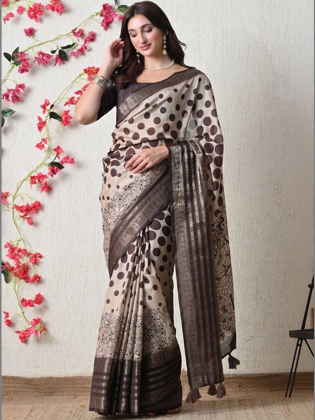 KALINI Polka Dot Printed Silk Cotton Saree - view 1