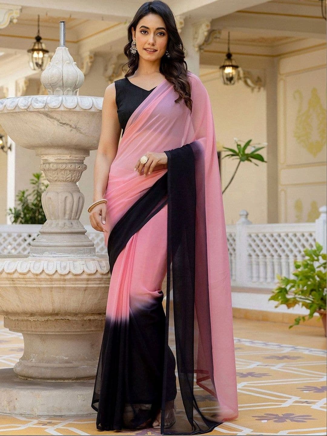SANISA Dyed Baby Pink Georgette Ready to wear saree for Women With Unstiched Blouse - view 1