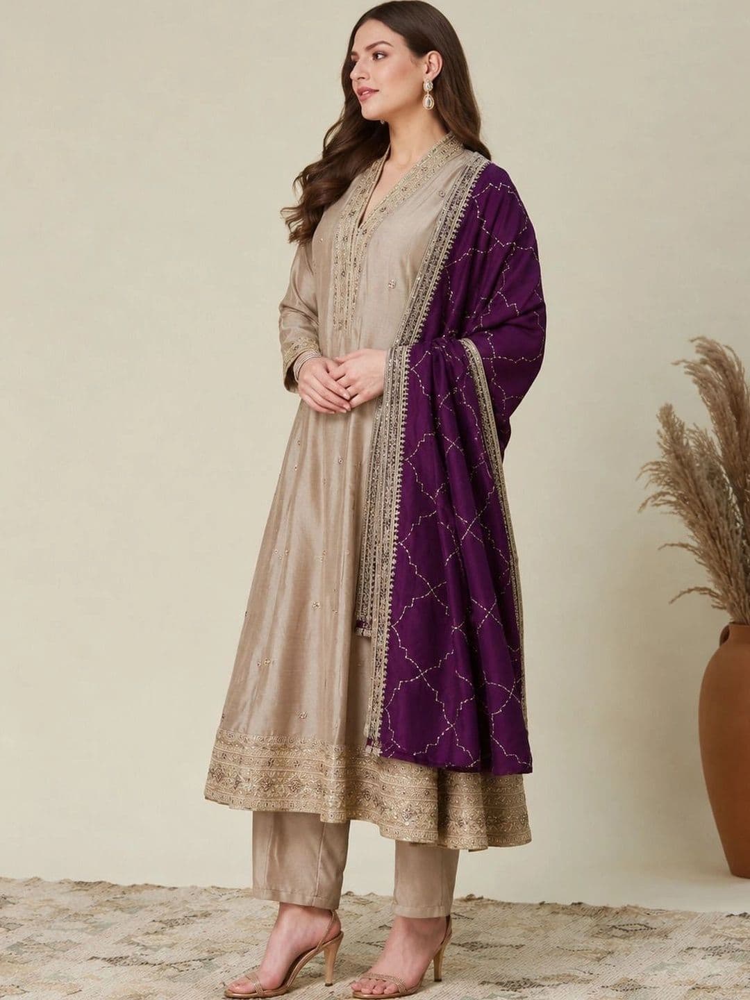 Sangria Women Ethnic Motifs Embroidered Regular Sequinned Kurta with Trousers & With Dupatta thumbnail 4