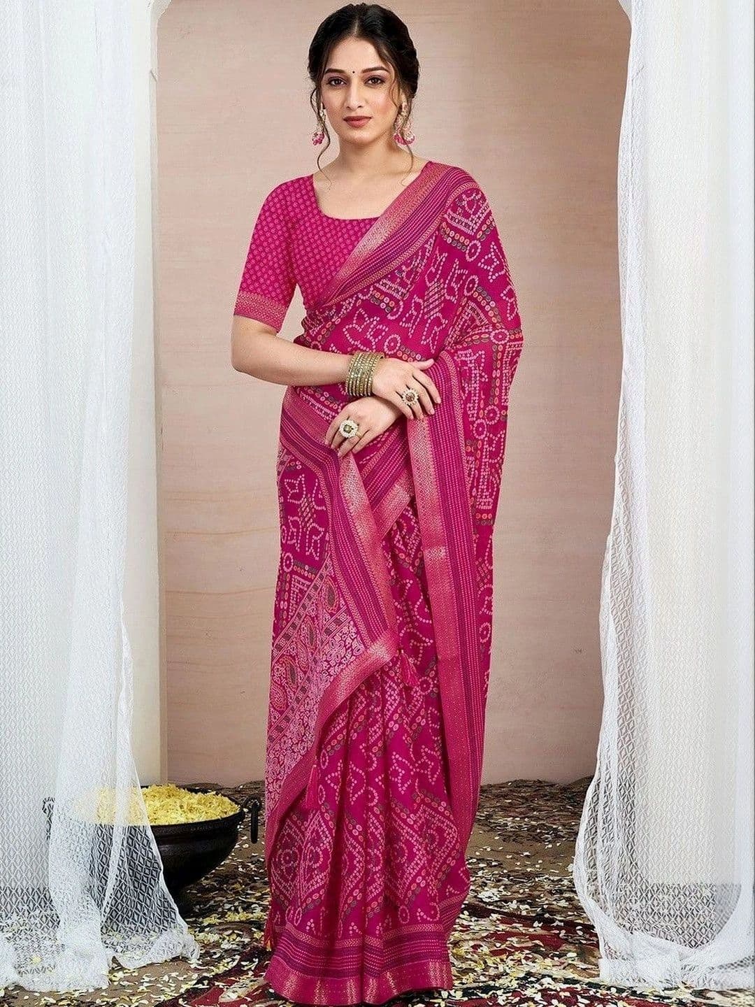 SANISA Bandhani Zari Pure Chiffon Saree thumbnail 2