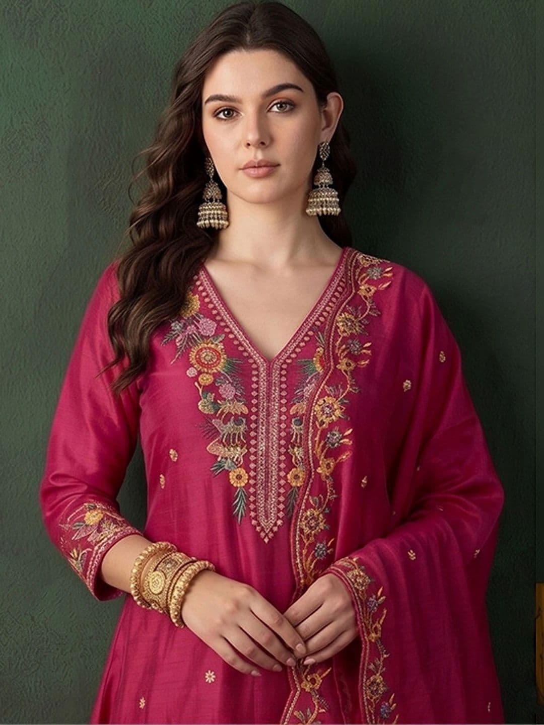 Sangria Women Floral Embroidered Regular Thread Work Kurta with Trousers & With Dupatta thumbnail 5