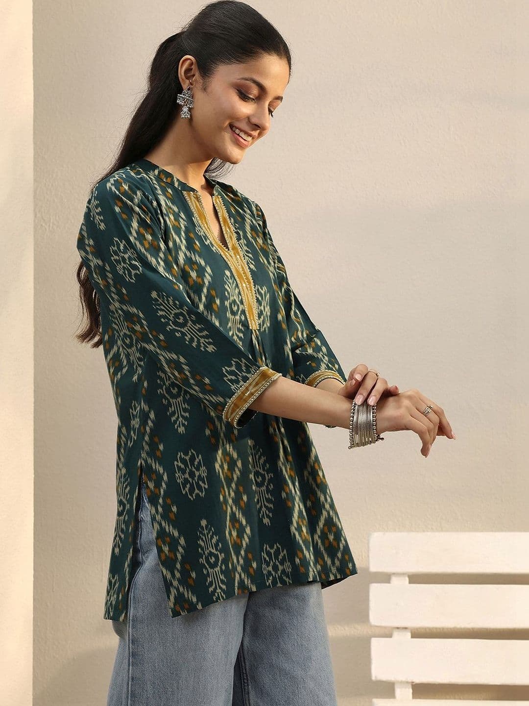 Libas Green Ethnic Printed Cotton A-Line Short Kurti thumbnail 4