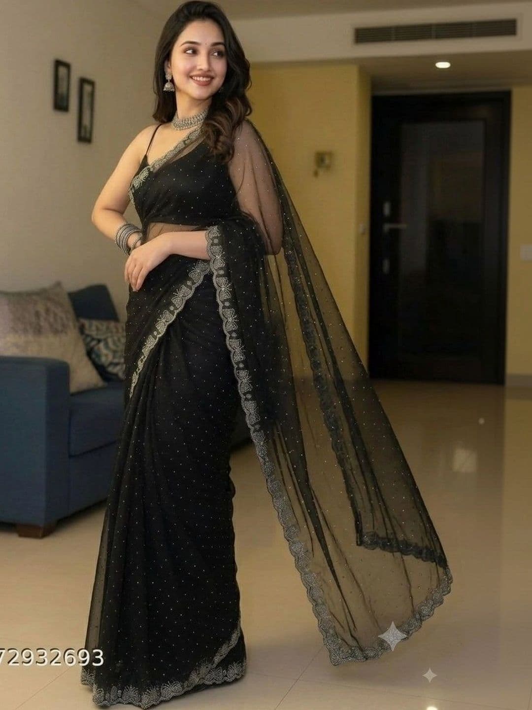 Akshmi Creation Embellished Supernet Saree thumbnail 2