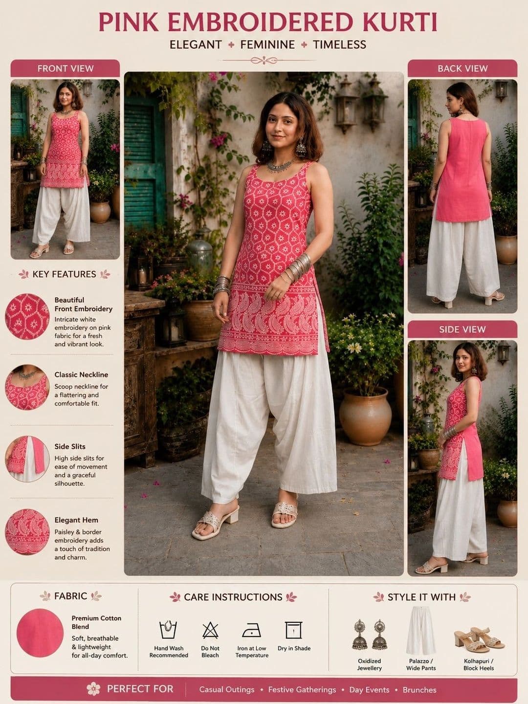 HERE&NOW Women Ethnic Motifs Embroidered Regular Thread Work Pure Cotton Kurti with Patiala thumbnail 2