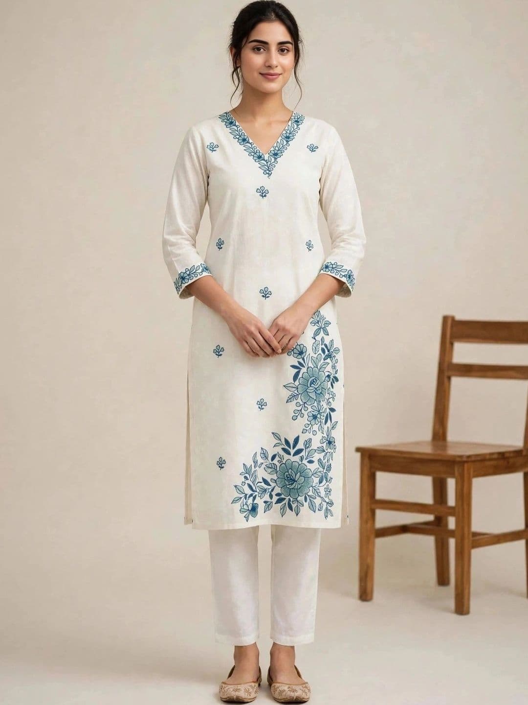 DEV DESIGNER Women Floral Embroidered Regular Thread Work Pure Cotton Kurta with Trousers thumbnail 6