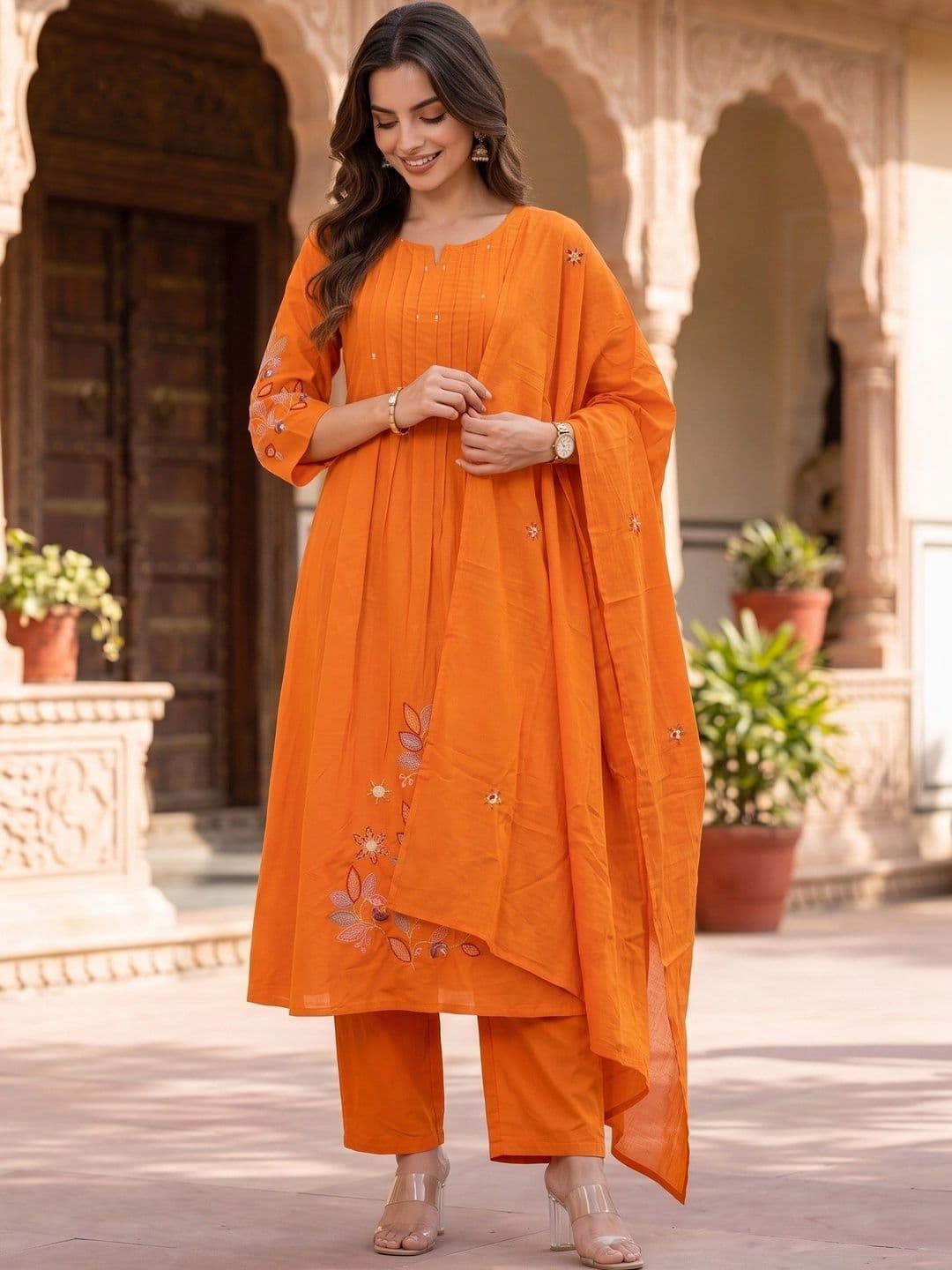 Anouk Rustic Women Floral Embroidered Regular Pure Cotton Kurta with Harem Pants & With Dupatta thumbnail 2