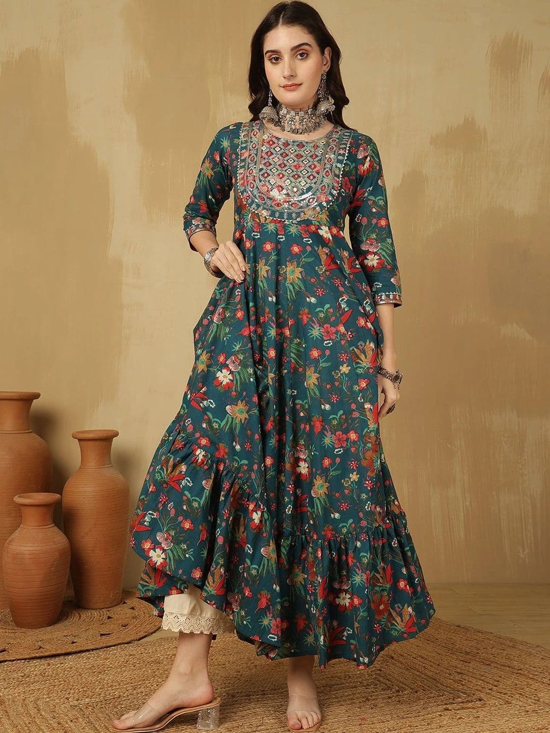 Sangria Women Floral Printed Mirror Work Floral Anarkali Kurta thumbnail 7