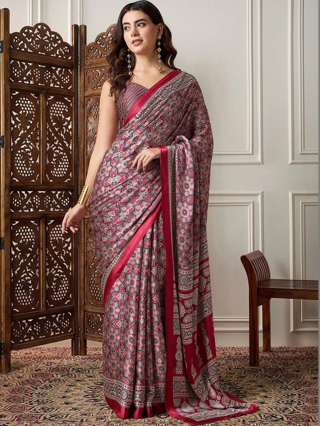 Saree mall Ajrak Block Pure Crepe Designer Block Print Sarees - view 1