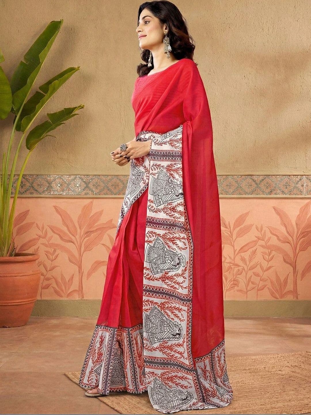 Sanisa Printed Red Chanderi Cotton Ready to wear saree for Women With Unstiched Blouse thumbnail 6