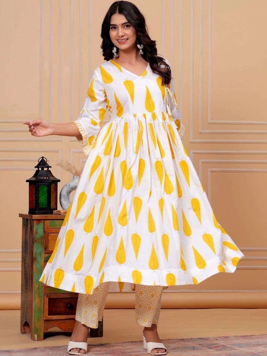 MEERA FAB Women Ethnic Motifs Printed Angrakha Pure Cotton Kurta with Trousers & With Dupatta thumbnail 6