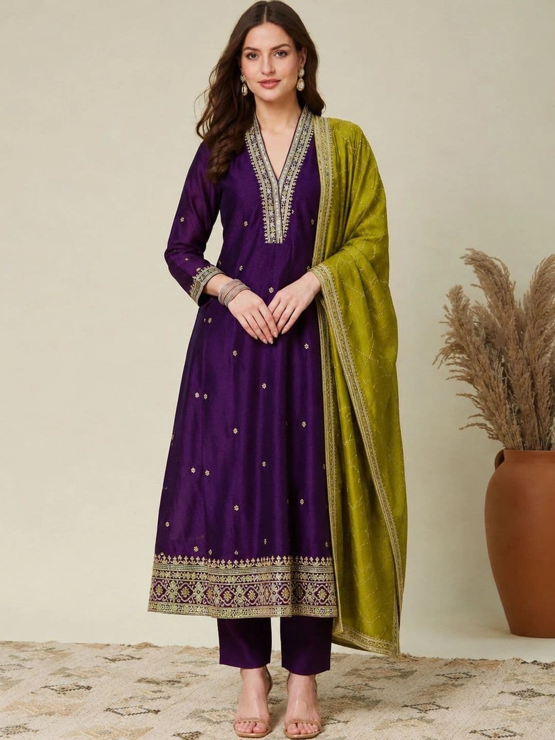 Sangria Women Ethnic Motifs Embroidered Regular Kurta with Trousers & With Dupatta - view 1