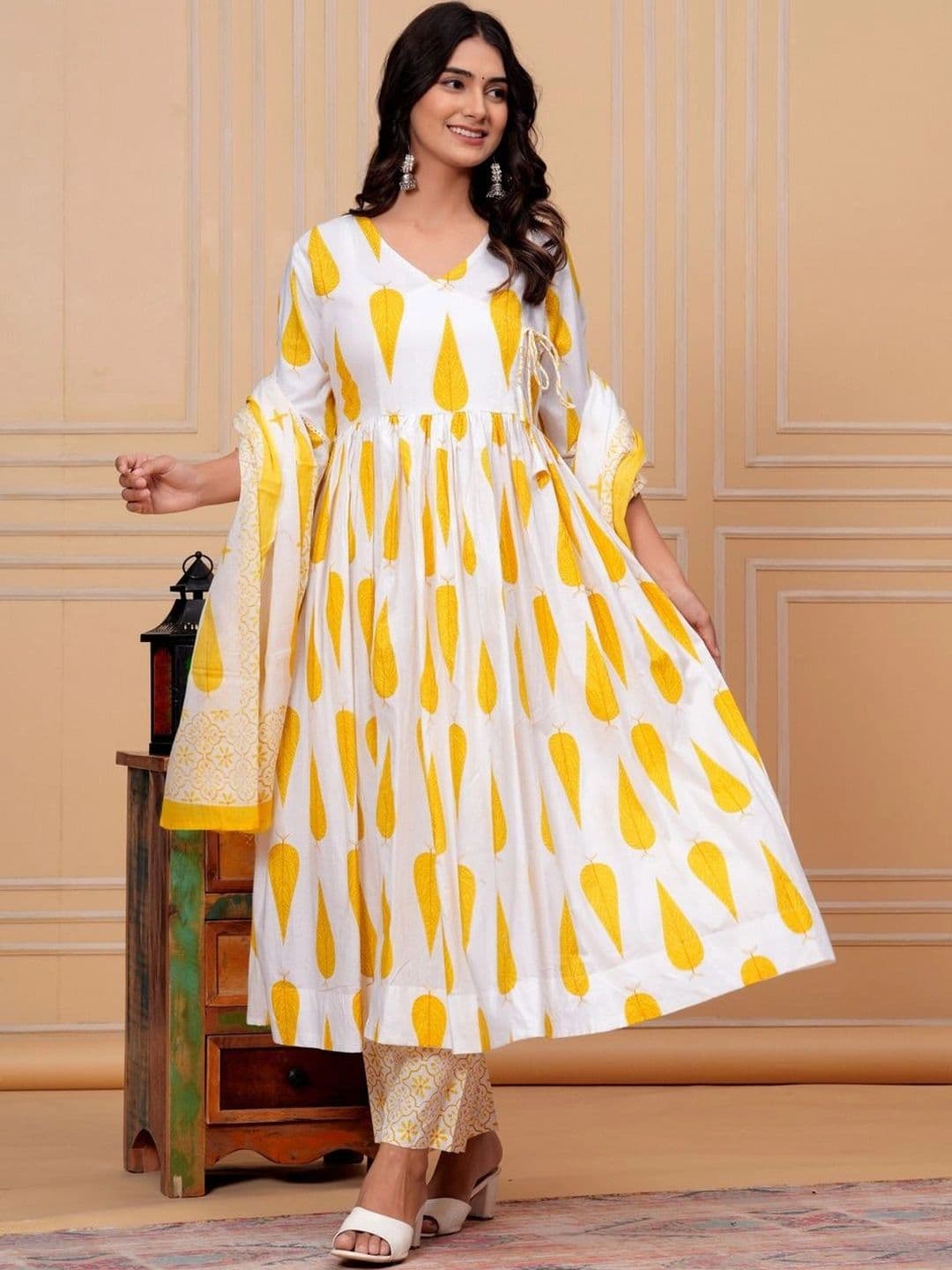 MEERA FAB Women Ethnic Motifs Printed Angrakha Pure Cotton Kurta with Trousers & With Dupatta thumbnail 4
