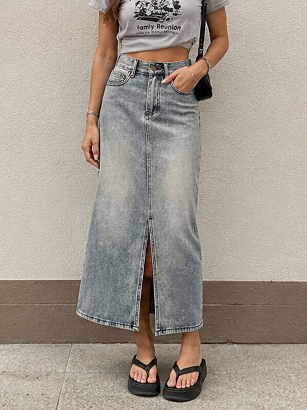 StyleCast Women Pure Cotton Washed Front Slit Midi A-Line Skirt thumbnail 3