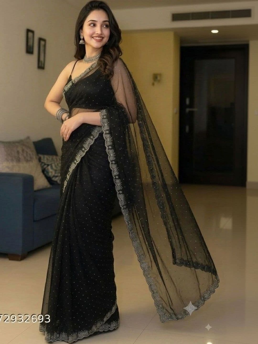 Akshmi Creation Embellished Supernet Saree thumbnail 4