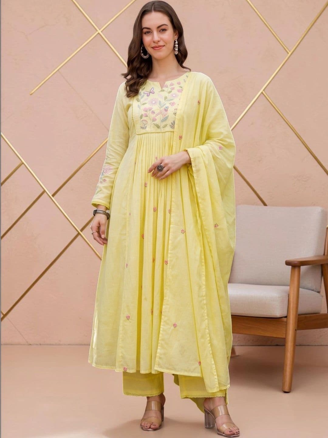 all about you Women Floral Embroidered Empire Thread Work Chanderi Silk Kurta with Trousers Dupatta thumbnail 2