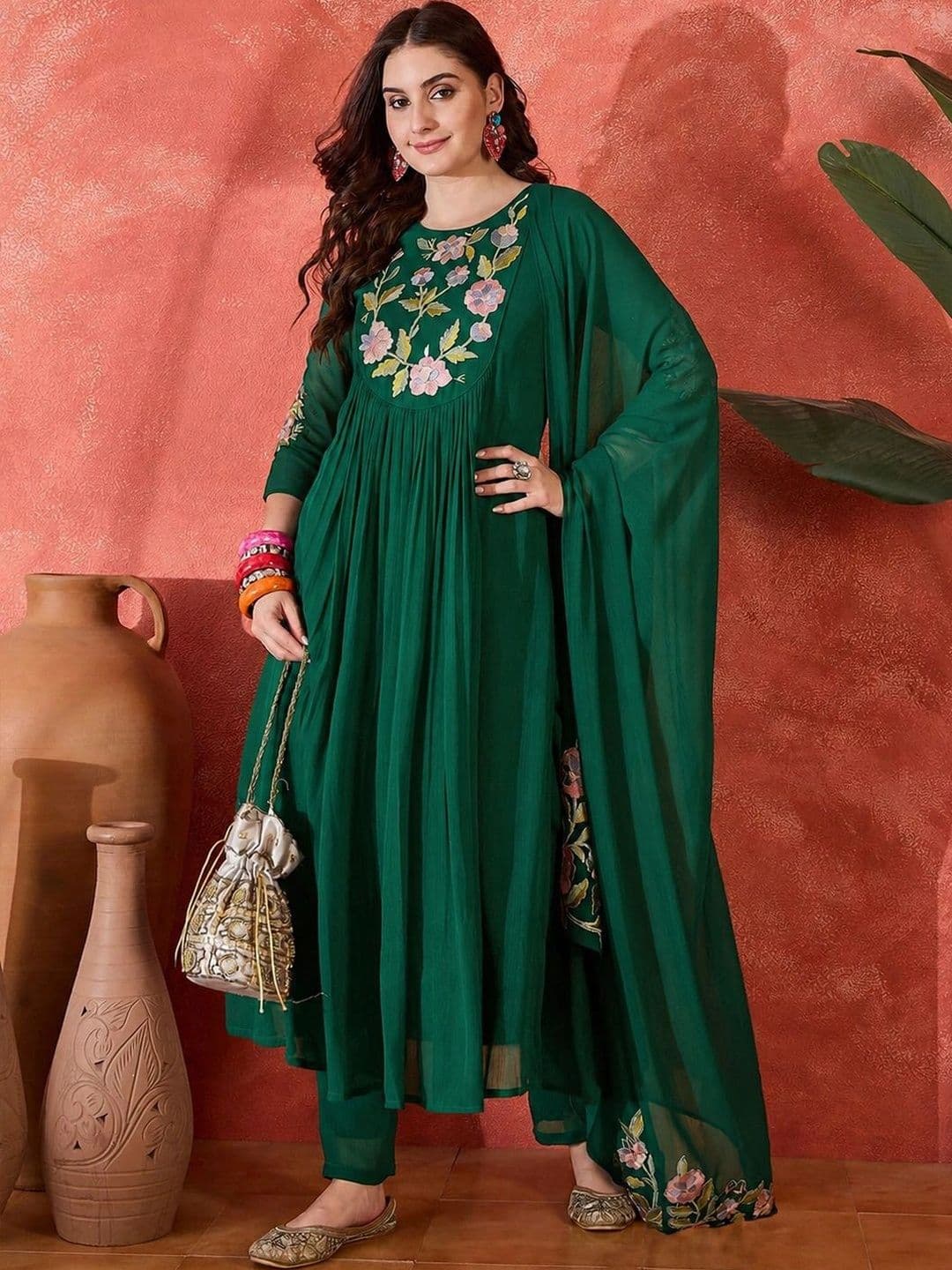 Sangria Women Floral Embroidered Empire Thread Work Kurta with Trousers & With Dupatta - view 1
