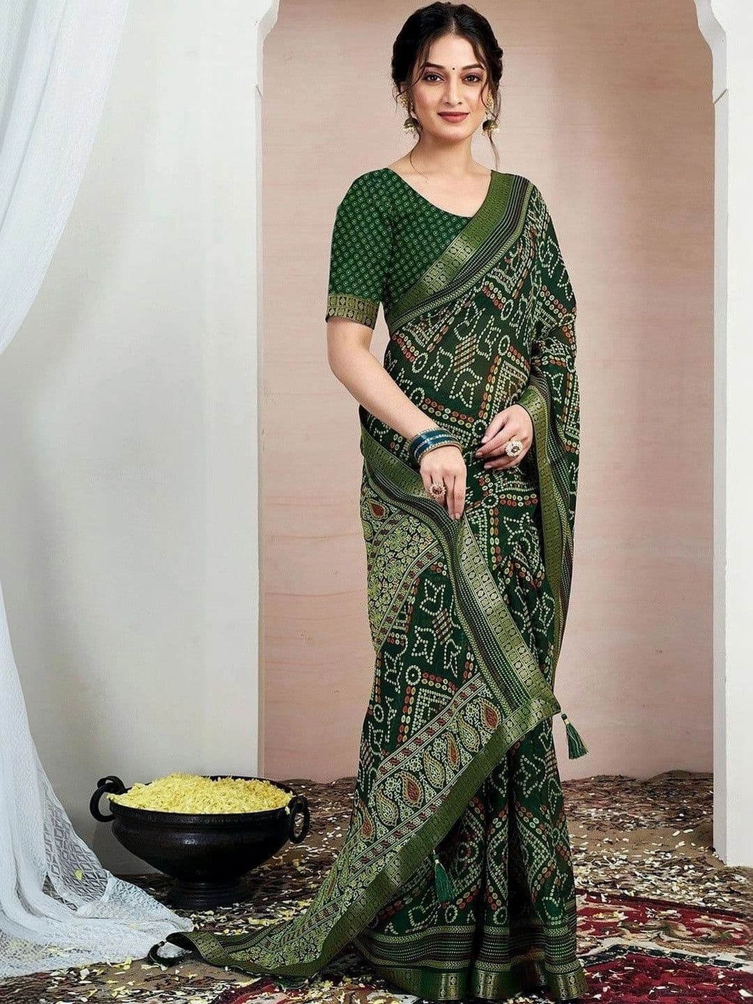 SANISA Bandhani Zari Pure Chiffon Saree thumbnail 6