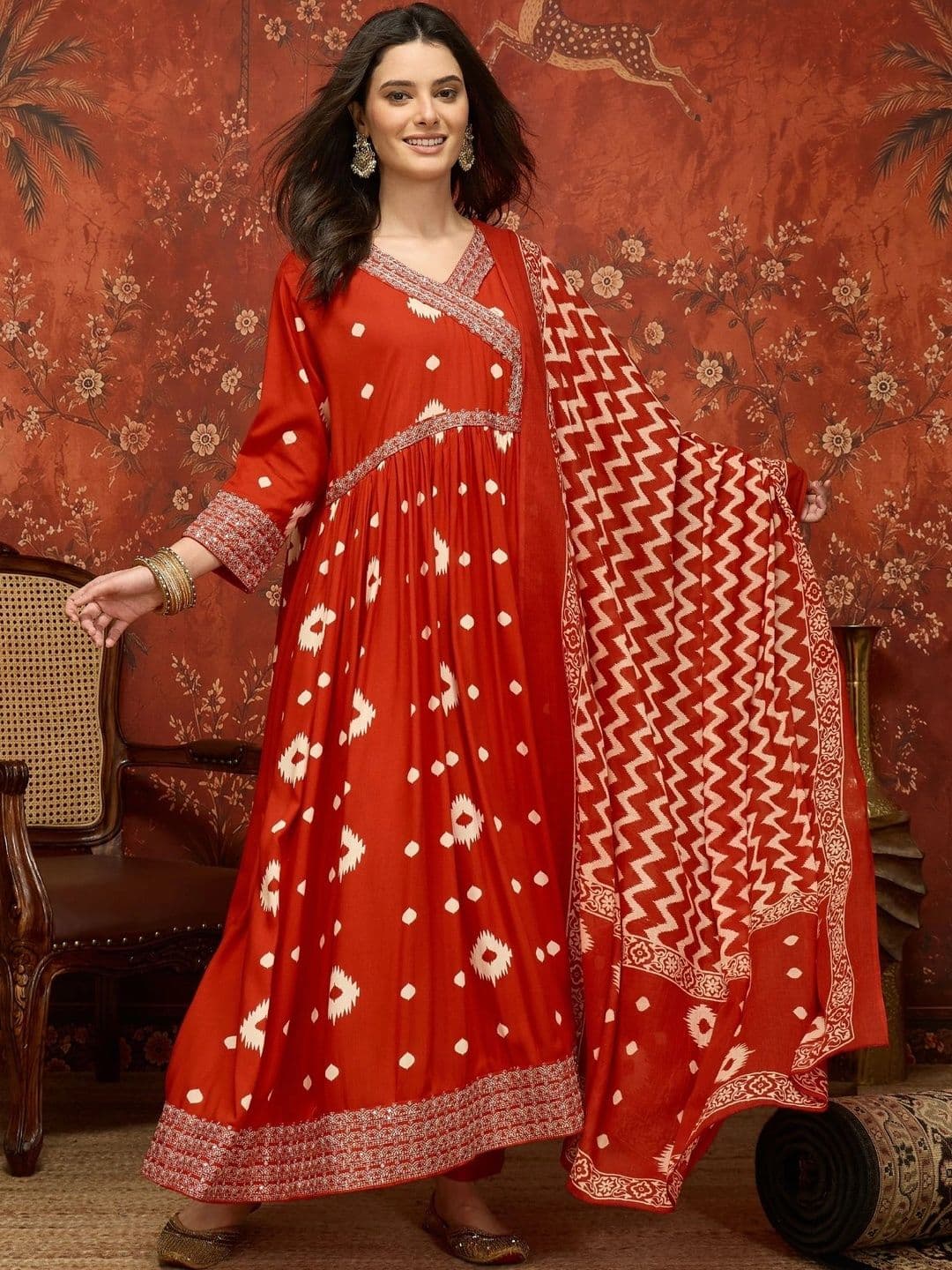 Sangria Women Printed Angrakha Thread Work Kurta with Trousers & With Dupatta - view 1