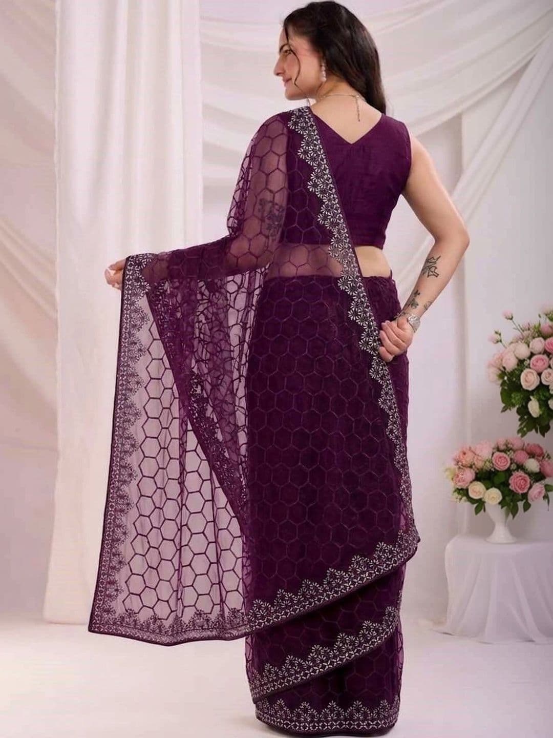 akhodalkrp Woven Design Embroidered Net Saree thumbnail 3
