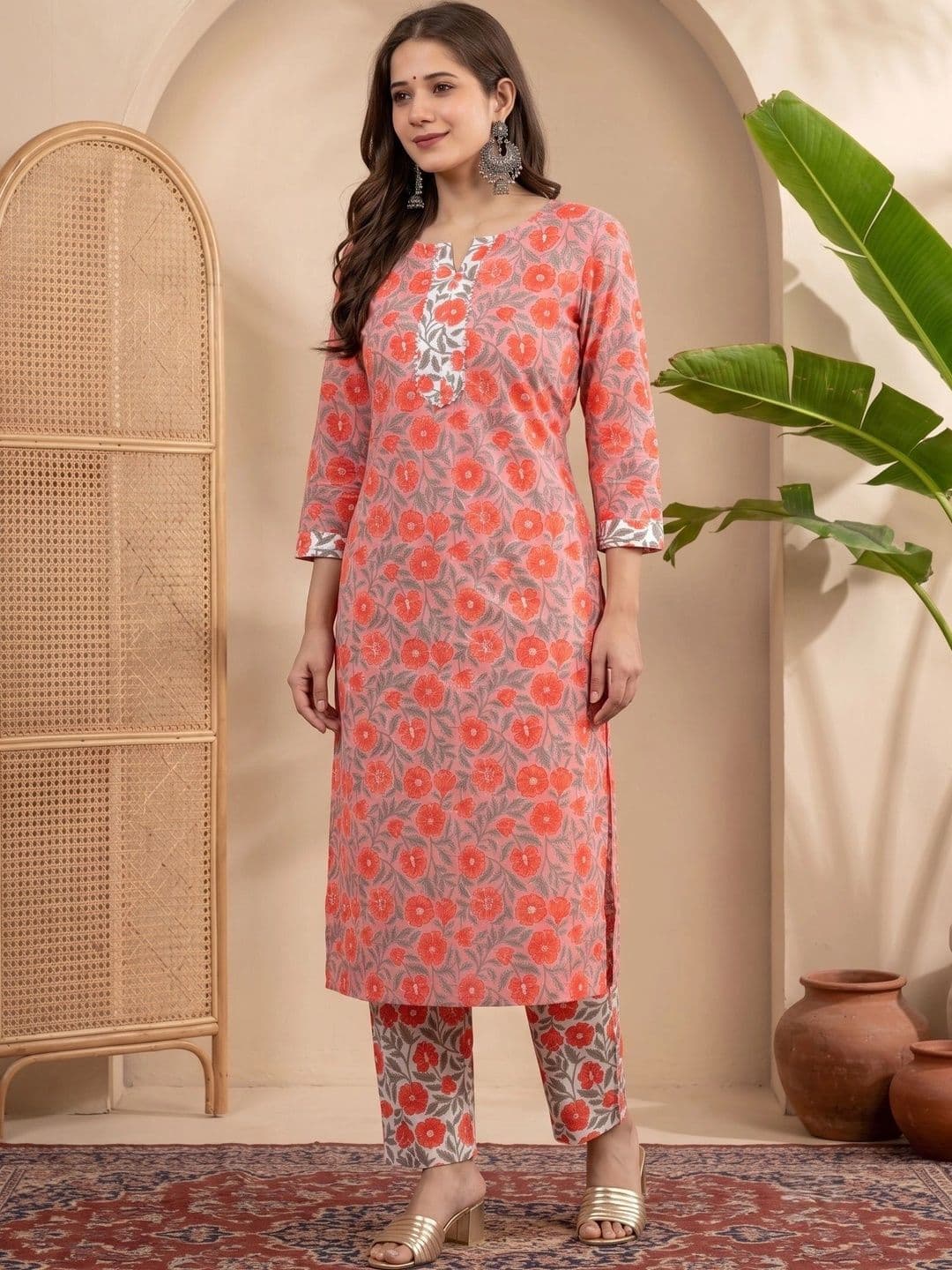 Sangria Women Floral Printed Regular Pure Cotton Kurta with Trousers - view 1