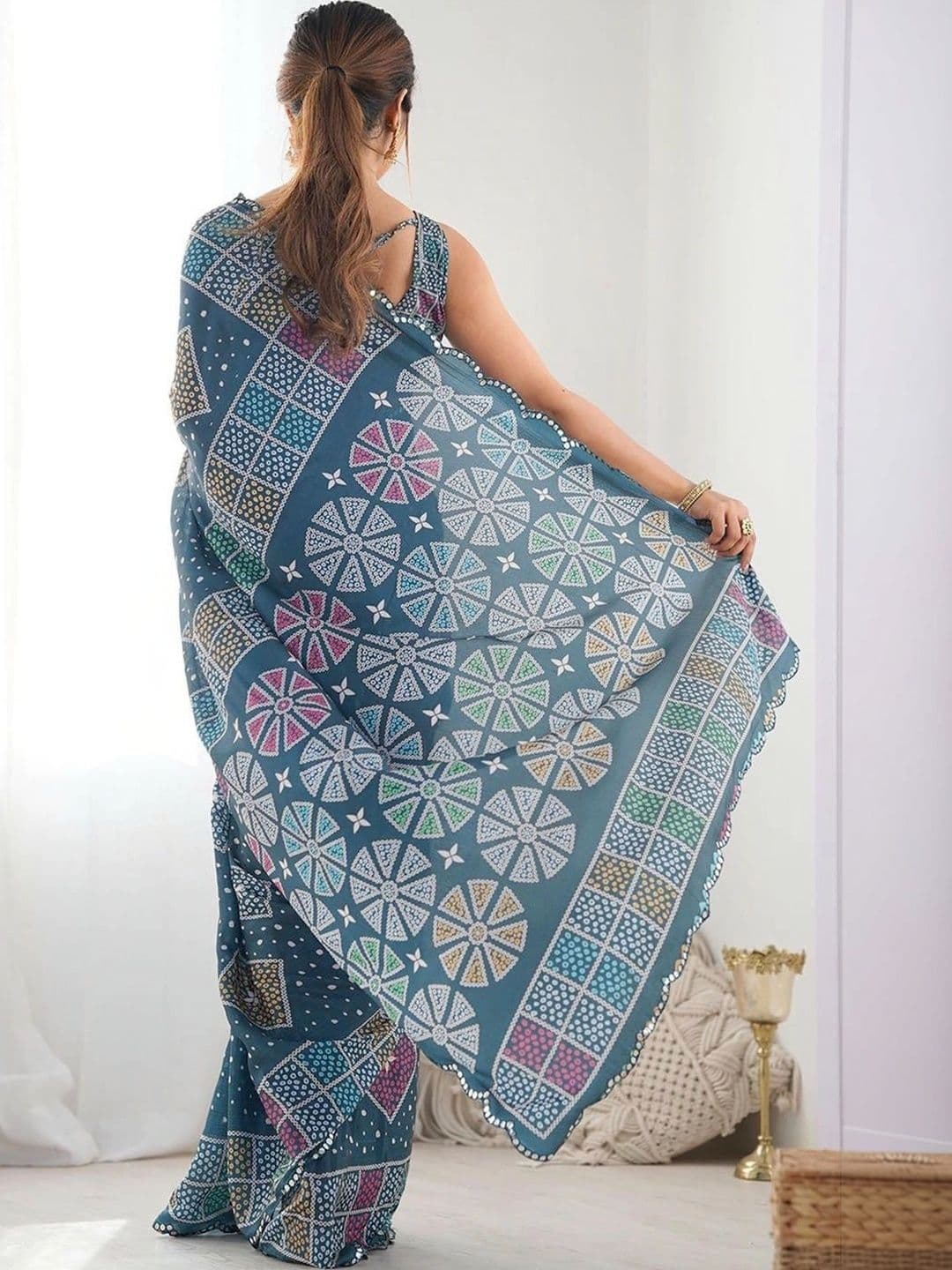 Pixie lane Bandhani Mirror Work Pure Georgette Saree thumbnail 3
