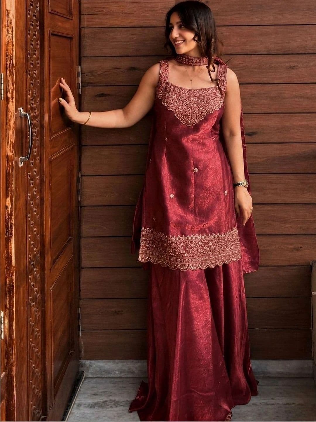 AKSHARAM Women Ethnic Motifs Embroidered Regular Kurta with Sharara & With Dupatta - view 1