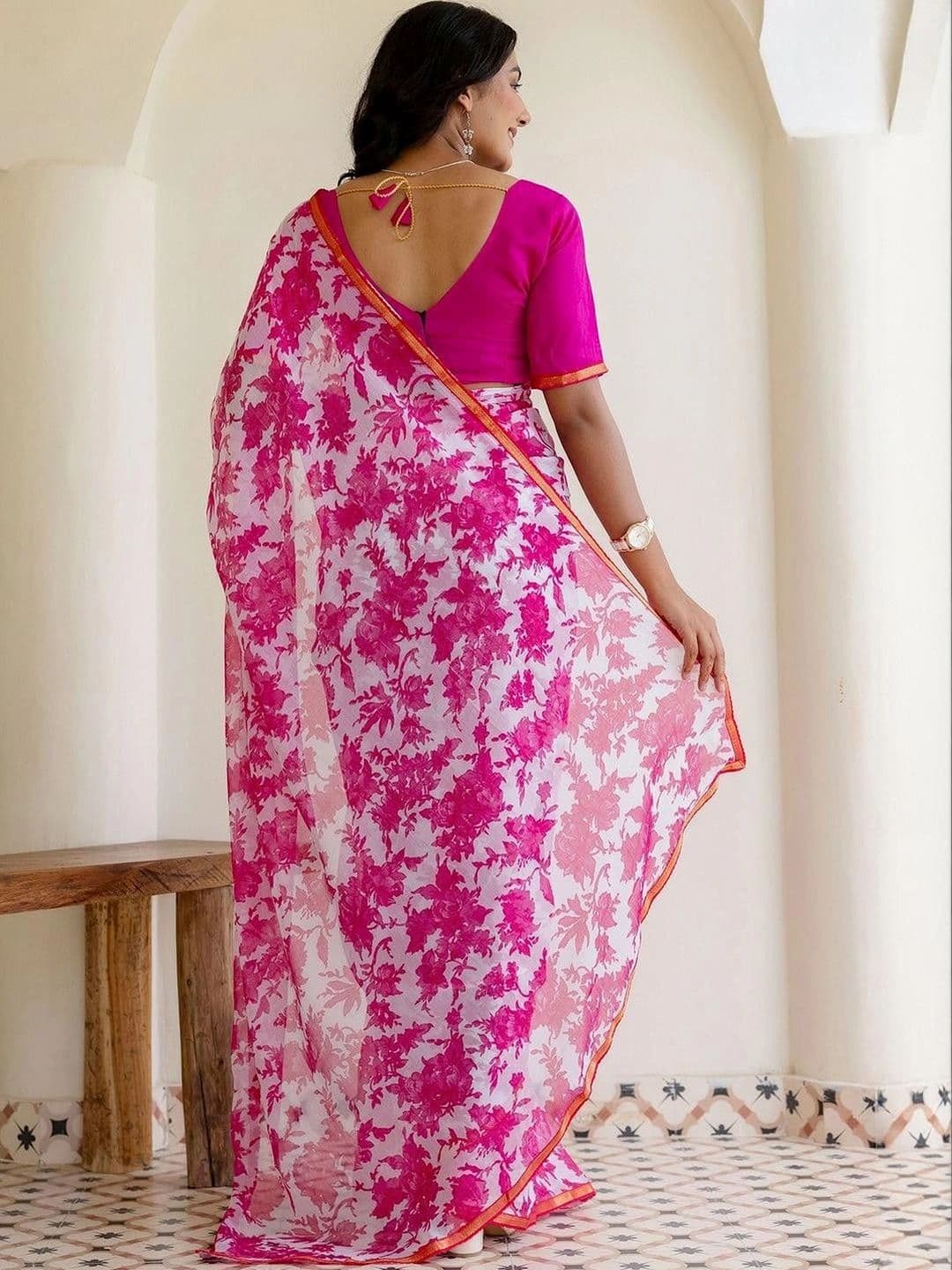 SANISA Women Floral Pure Chiffon Saree thumbnail 3