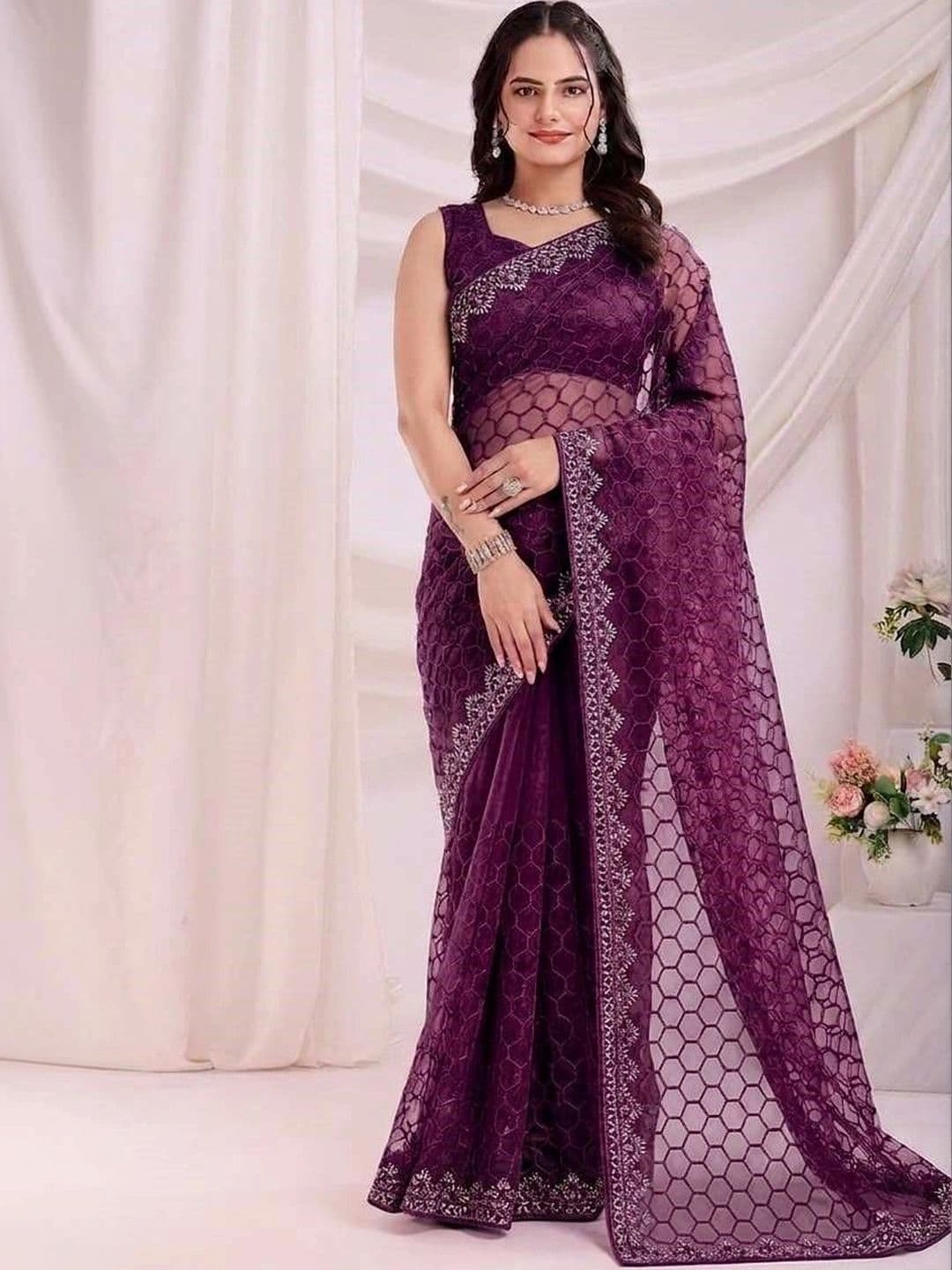 akhodalkrp Woven Design Embroidered Net Saree - view 1