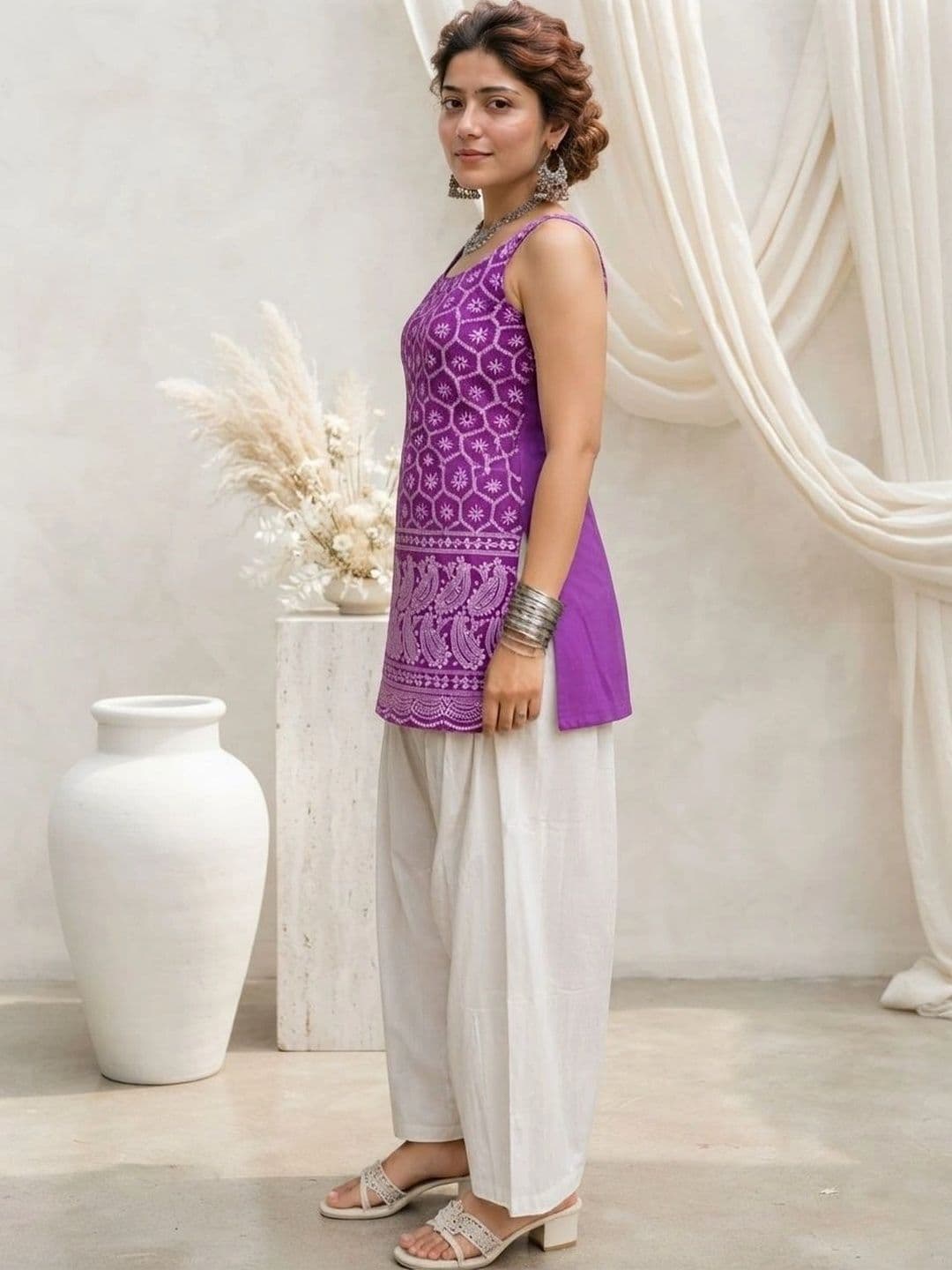 HERE&NOW Women Ethnic Motifs Printed Regular Pure Cotton Kurti with Patiala thumbnail 5