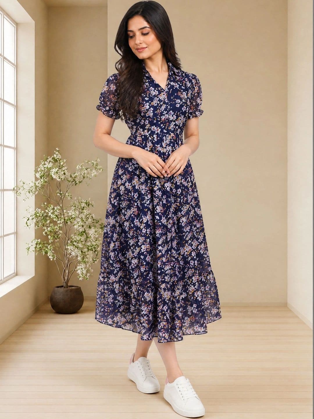 QENA Floral Print Georgette A-Line Midi Dress thumbnail 4