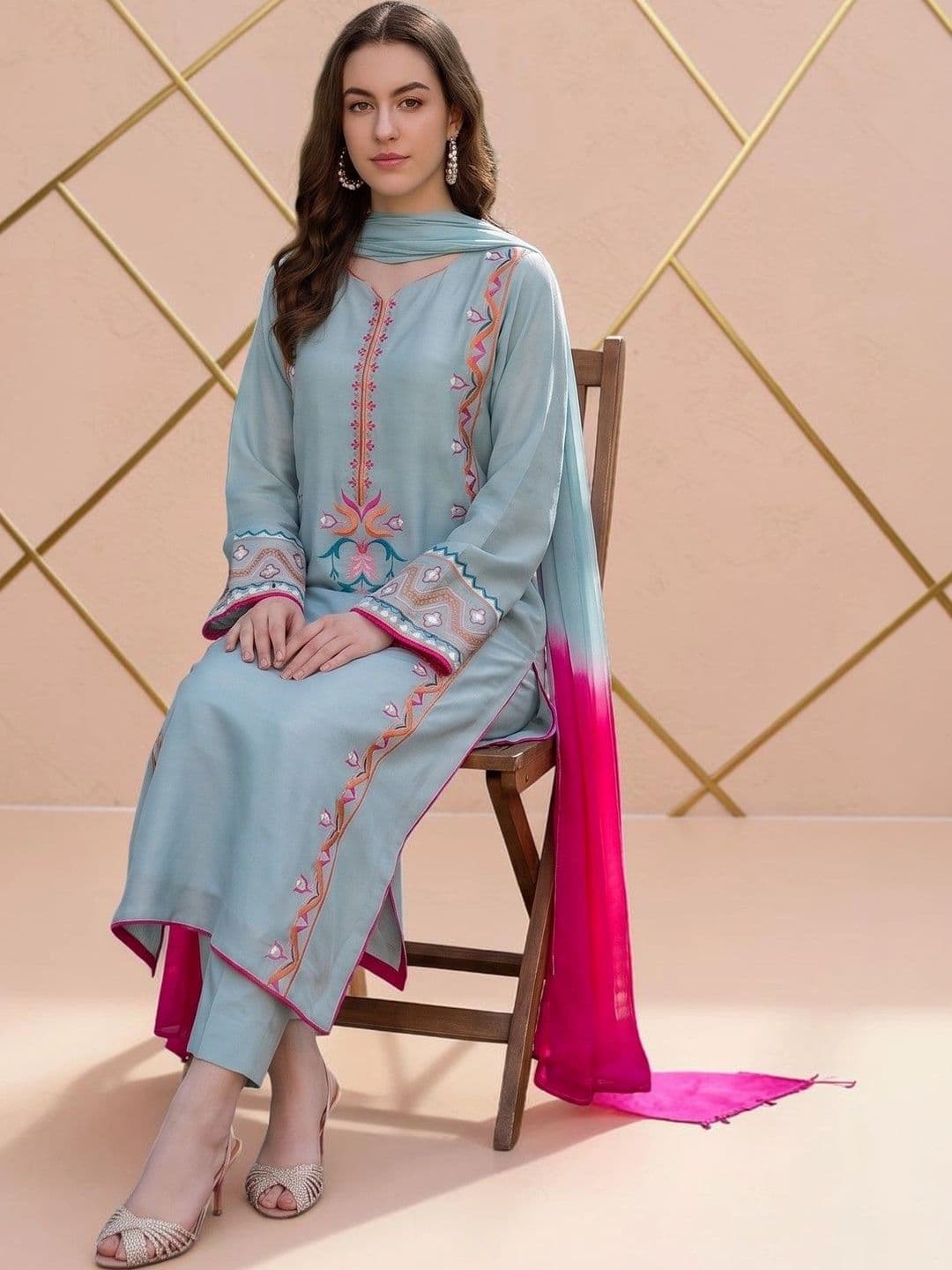 all about you Women Ethnic Motifs Embroidered Silk Crepe Kurta with Trousers & Dupatta thumbnail 4